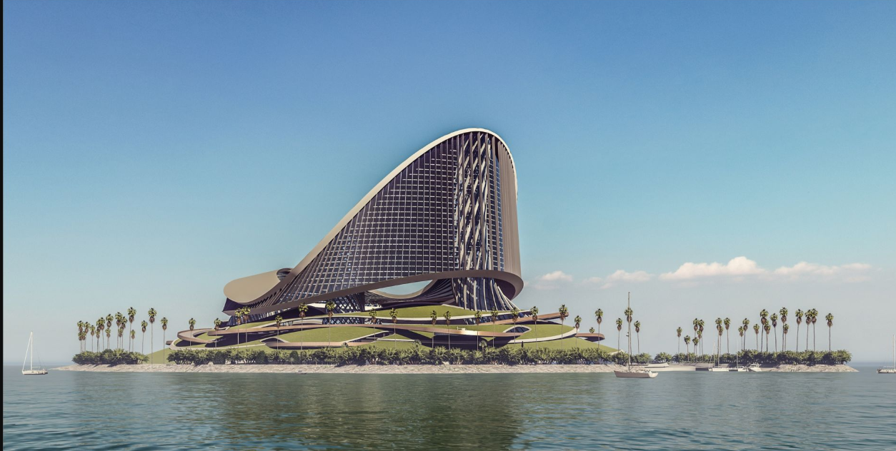 Top-Down Perspective – A perfectly integrated arena within a self-sustaining island.