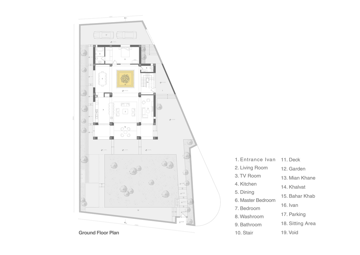 Ground floor plan drawing showing open living spaces surrounding an internal courtyard with trees