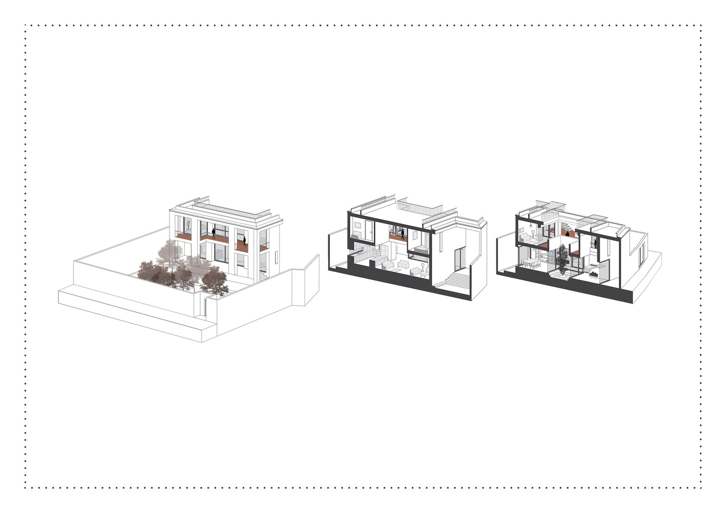Axonometric sequence showing the building envelope, structural section, and interior spatial arrangement with courtyard