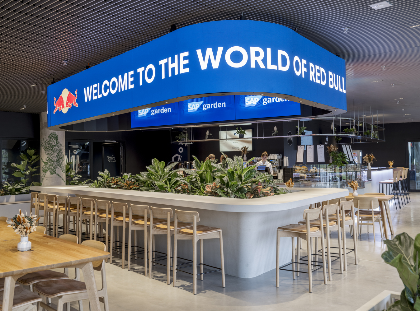 Central bar island with timber stools and potted plants under a blue branded canopy
