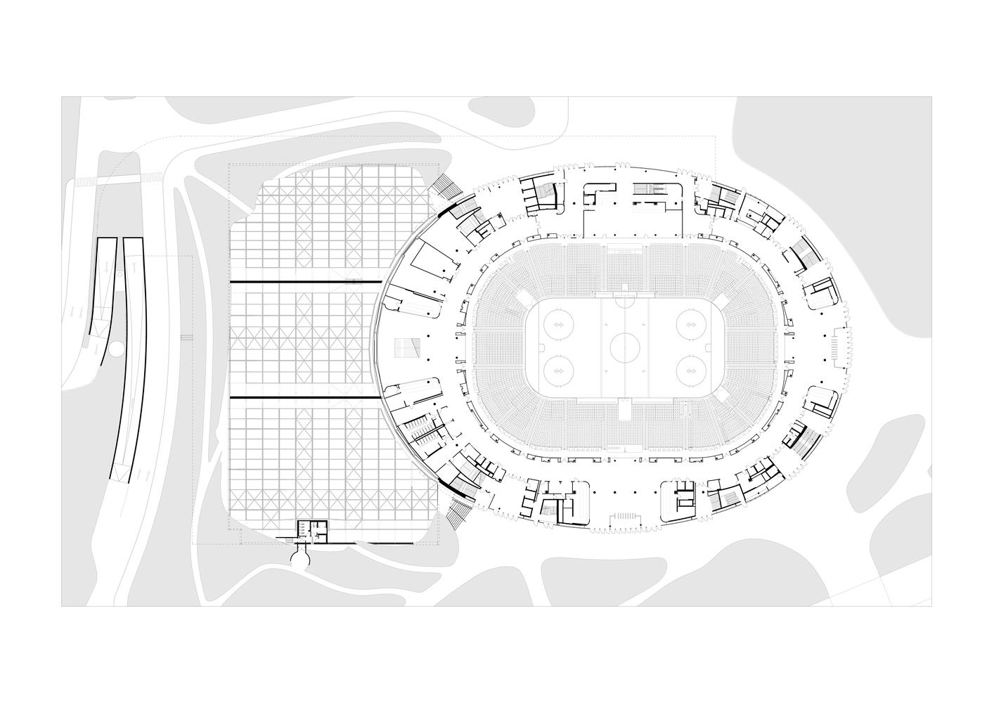 Floor plan drawing showing oval arena bowl with surrounding concourse and adjacent parking grid