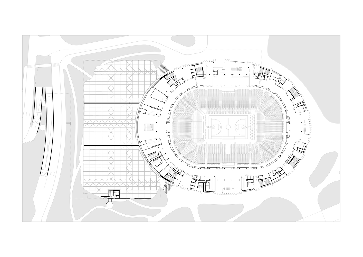 Floor plan drawing showing oval arena bowl configured for ice hockey with seating tiers