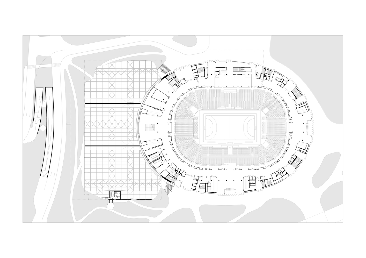Floor plan drawing showing oval arena bowl configured for basketball with seating arrangement