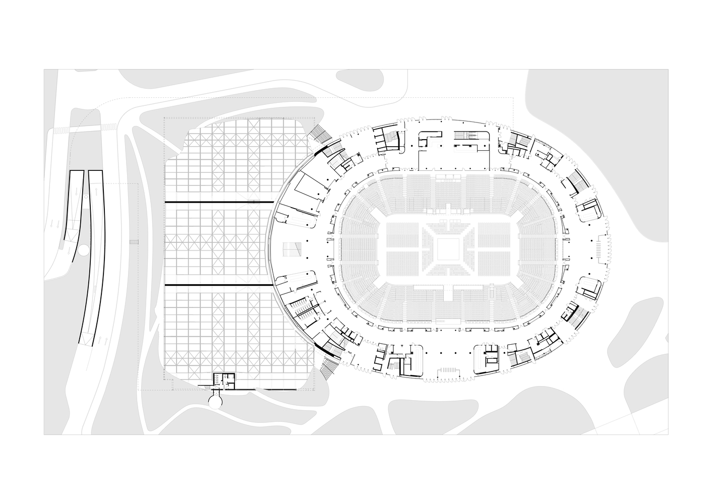 Site plan drawing showing an oval arena with surrounding parking grid and adjacent roadways