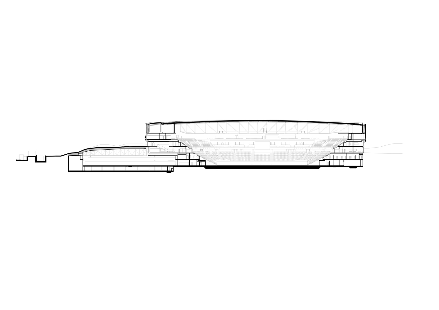 Section drawing revealing the bowl-shaped arena seating beneath a curved roof spanning above flanking entry wings