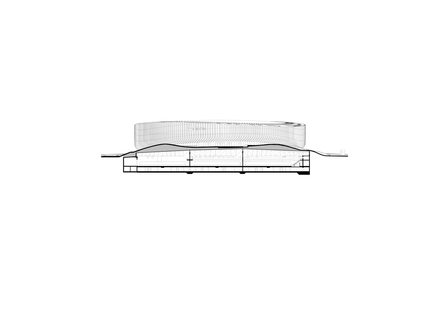 Longitudinal section drawing displaying the elongated ribbed roof profile above a low podium base