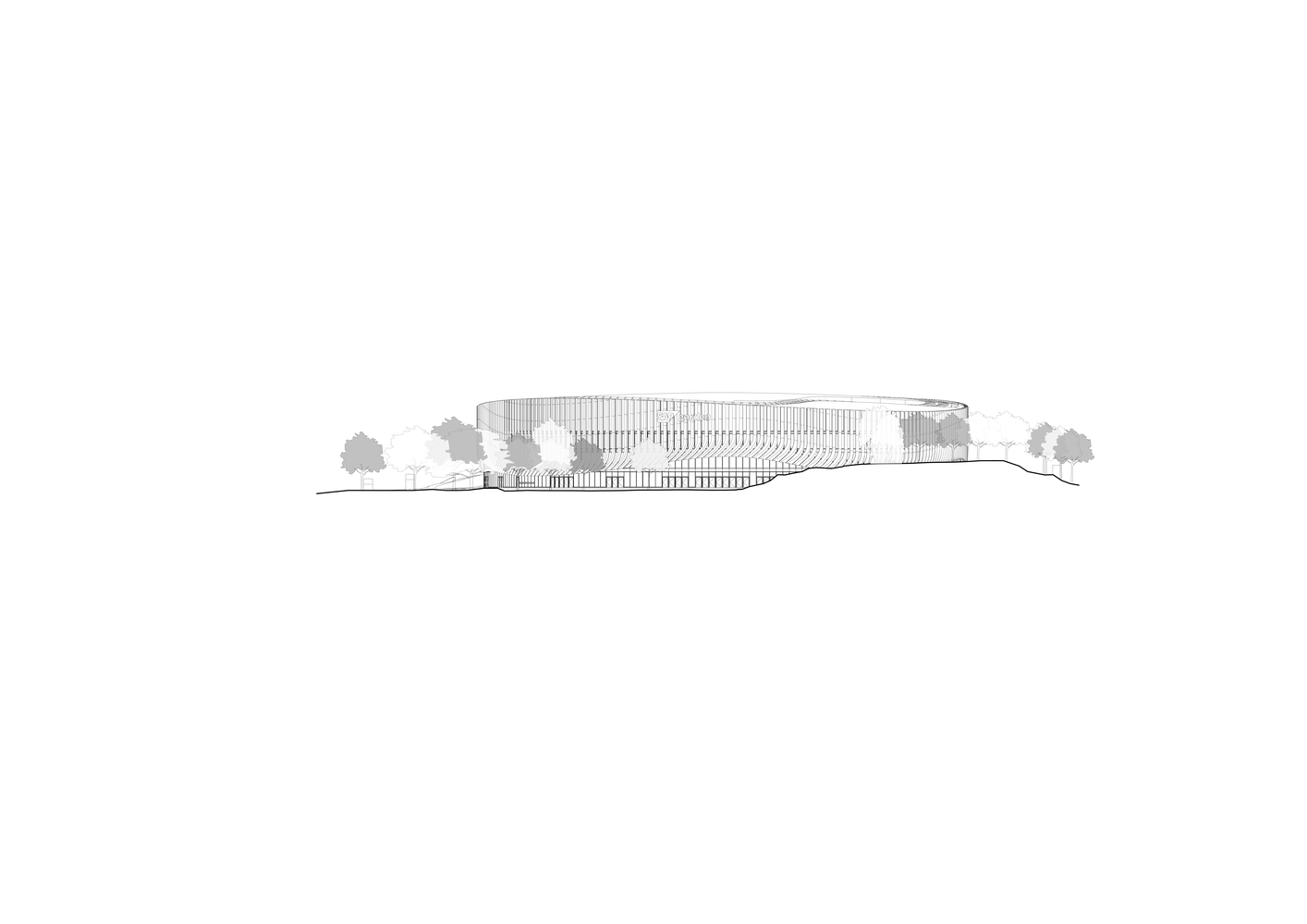 Elevation drawing showing the vertically ribbed facade volume with trees flanking both sides