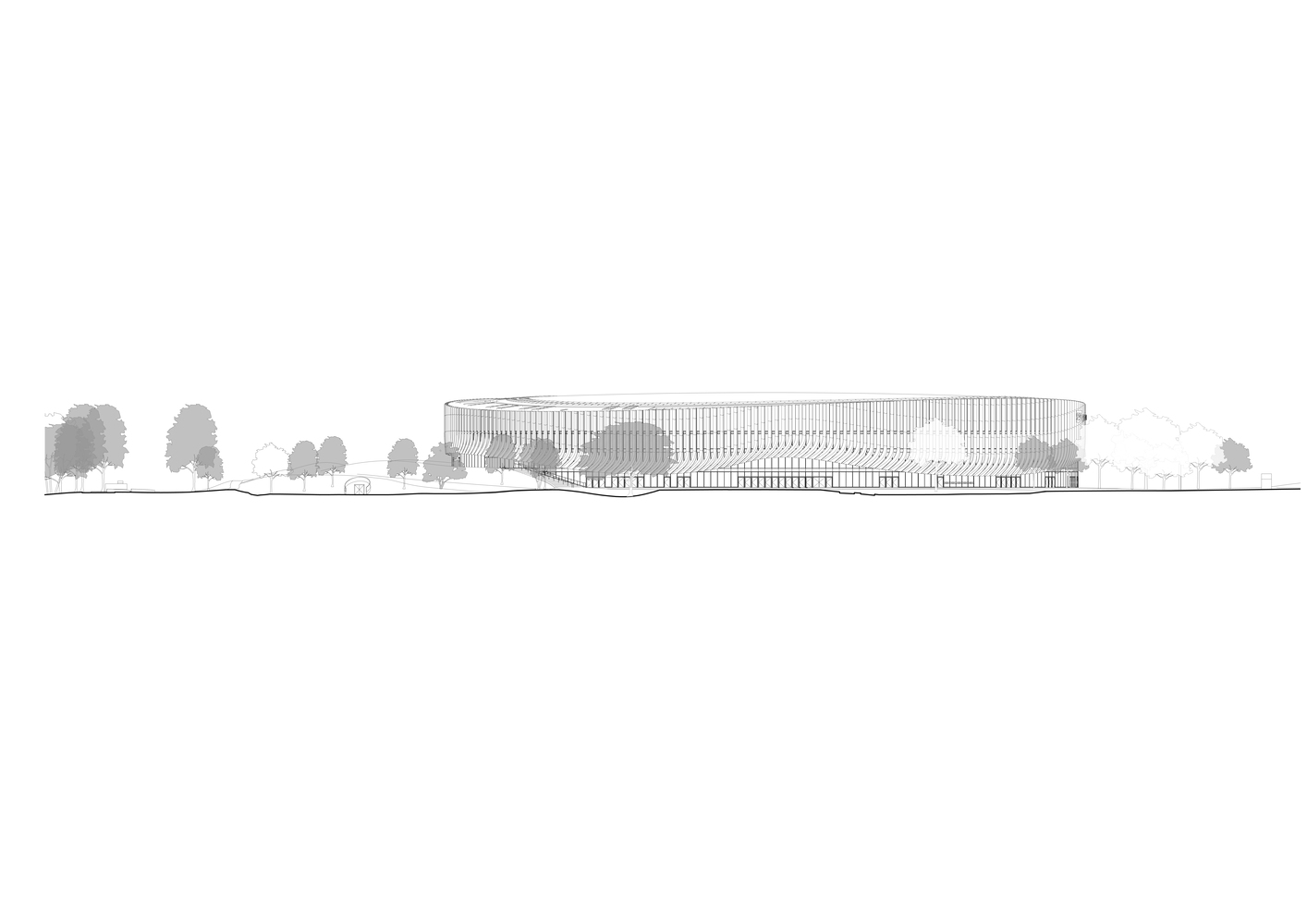 Elevation drawing of the horizontally extended ribbed facade with scattered trees in the foreground