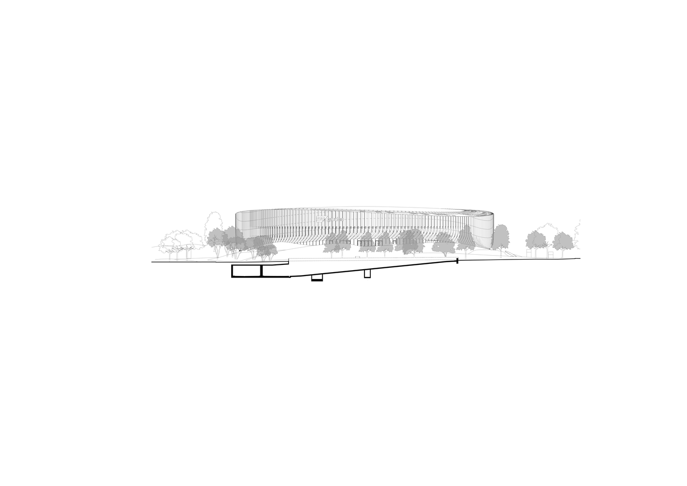 Elevation drawing showing the long undulating facade with vertical fins and surrounding trees