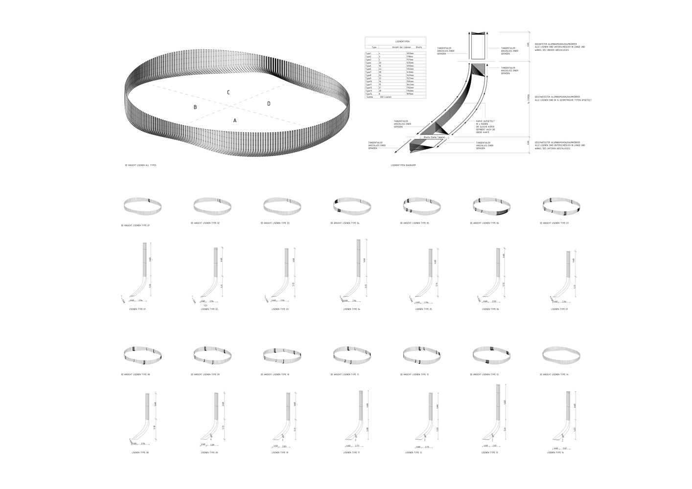 Diagram sheet displaying elliptical plan variations and curved structural section details with annotations