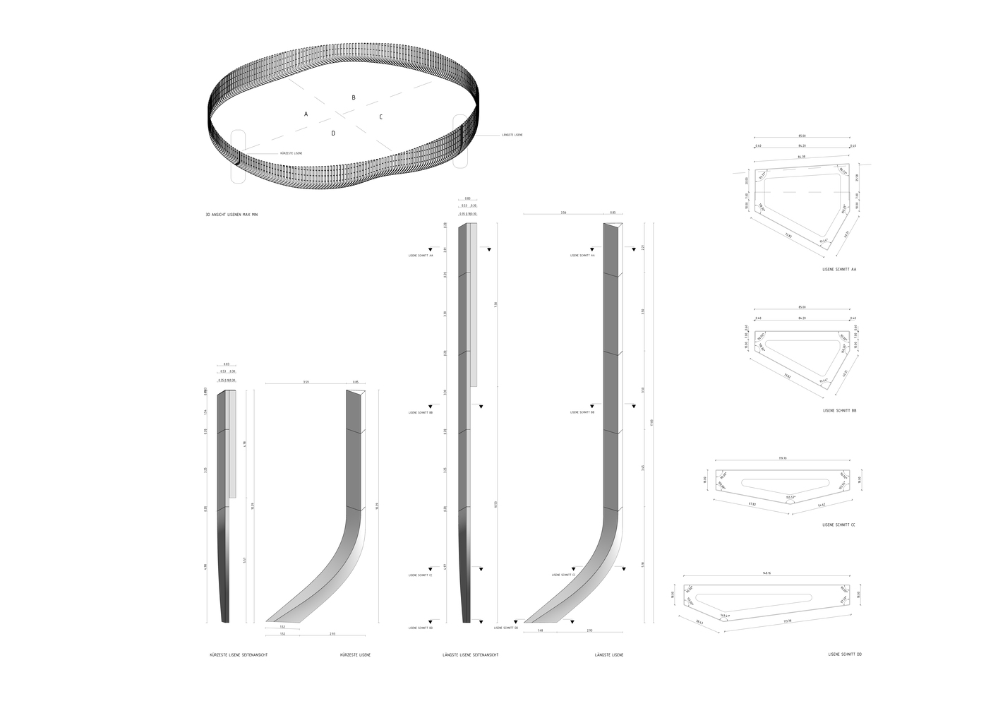 Technical drawings showing curved facade elevations and detailed corner section plans with dimensions