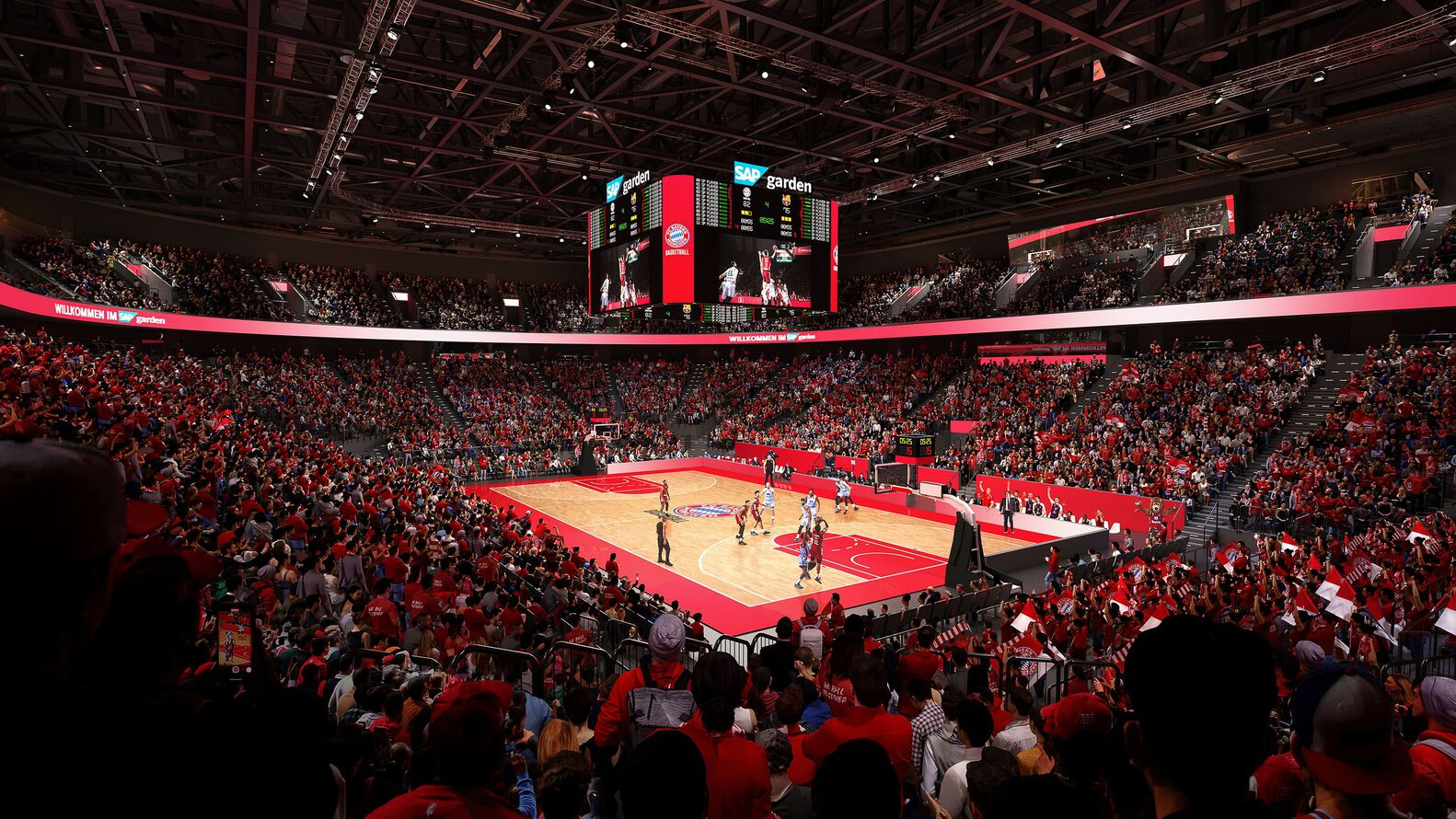 Interior view of the arena seating bowl filled with spectators during a basketball game