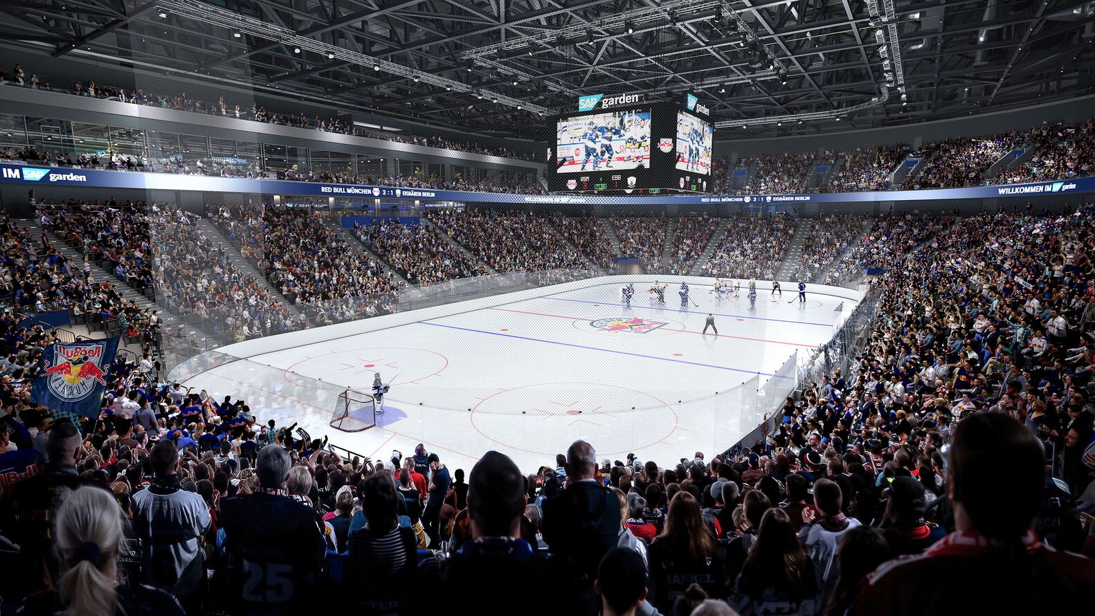 Wide interior view of ice hockey arena with exposed steel truss ceiling and full spectator seating