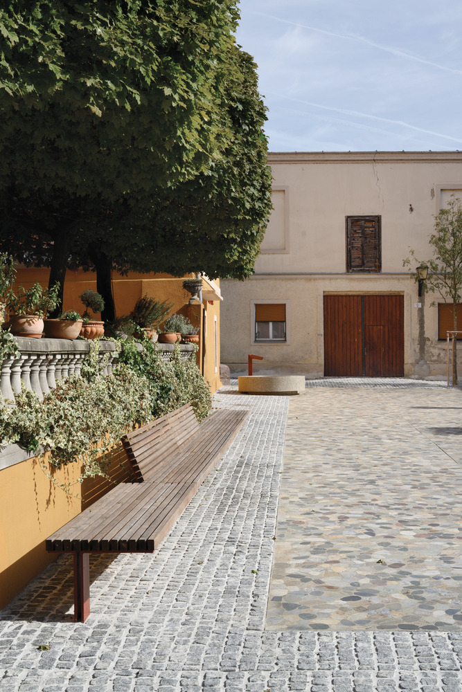 Public square with terrazzo paving, timber benches, planted planters beneath a large leafy tree