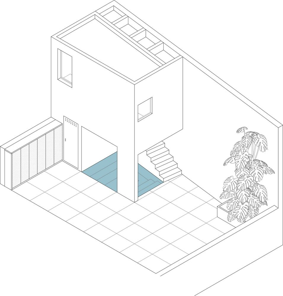 Axonometric drawing showing a courtyard with blue pool, staircase, and potted plant