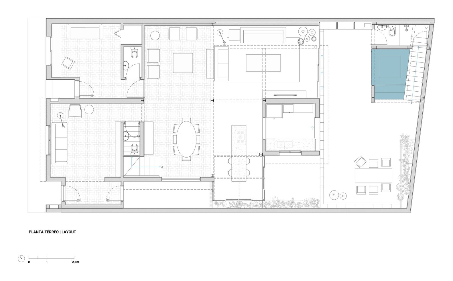 Floor plan drawing showing open living areas, terrace with blue pool, and planted courtyard