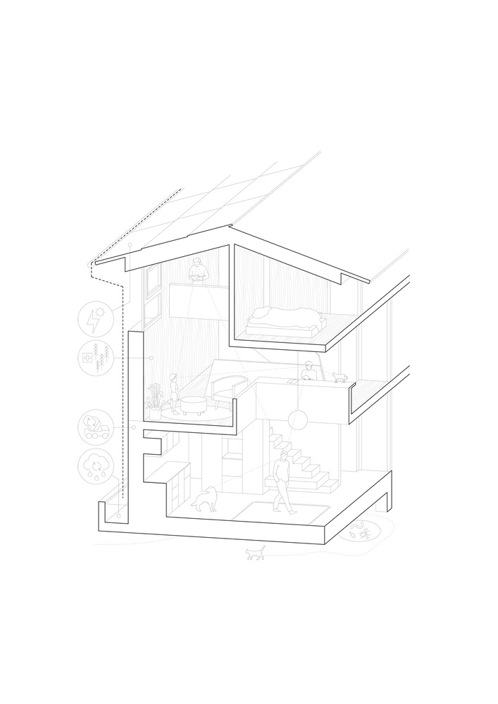 Axonometric section drawing revealing the interior spatial arrangement across two levels with a sloping roof
