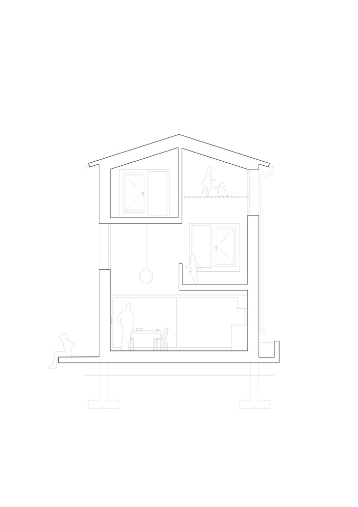 Section drawing showing the three-story residence with split-level interior volumes and a gabled roof
