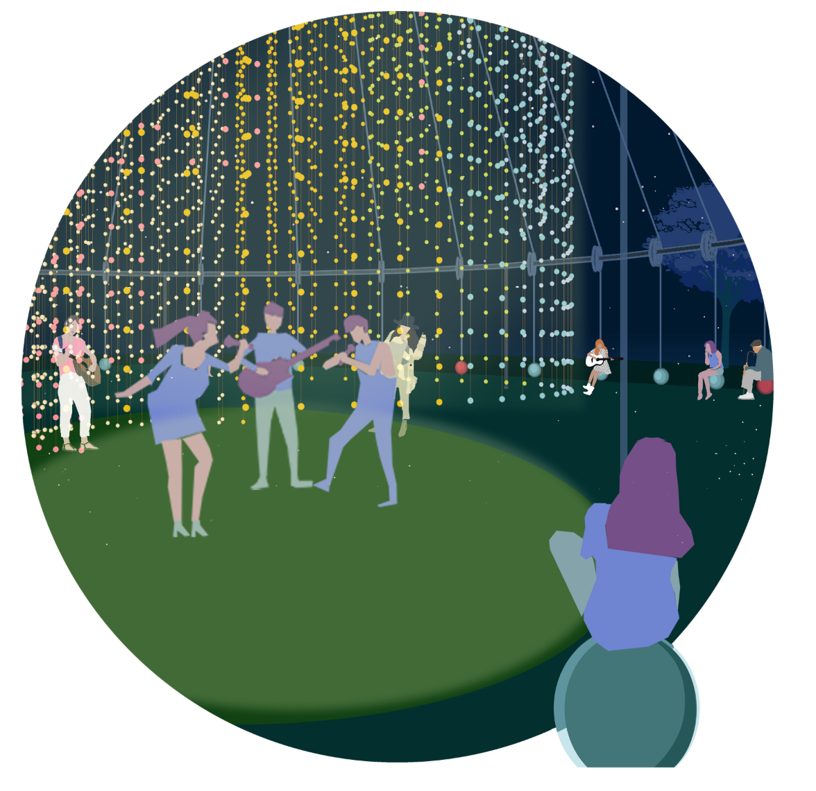 Outdoor Stage Celebration – A magical gathering space where people dance and play music under a canopy of shimmering lights