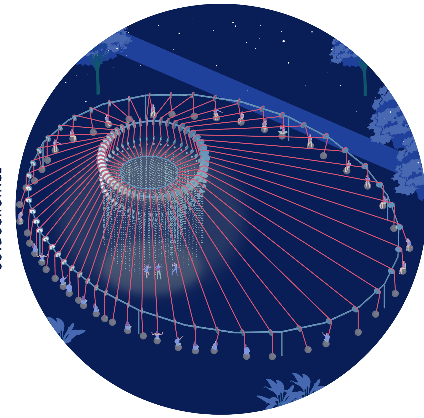 Circular Light Stage – A mesmerizing structure that creates a glowing performance space, drawing people into an artistic spectacle.