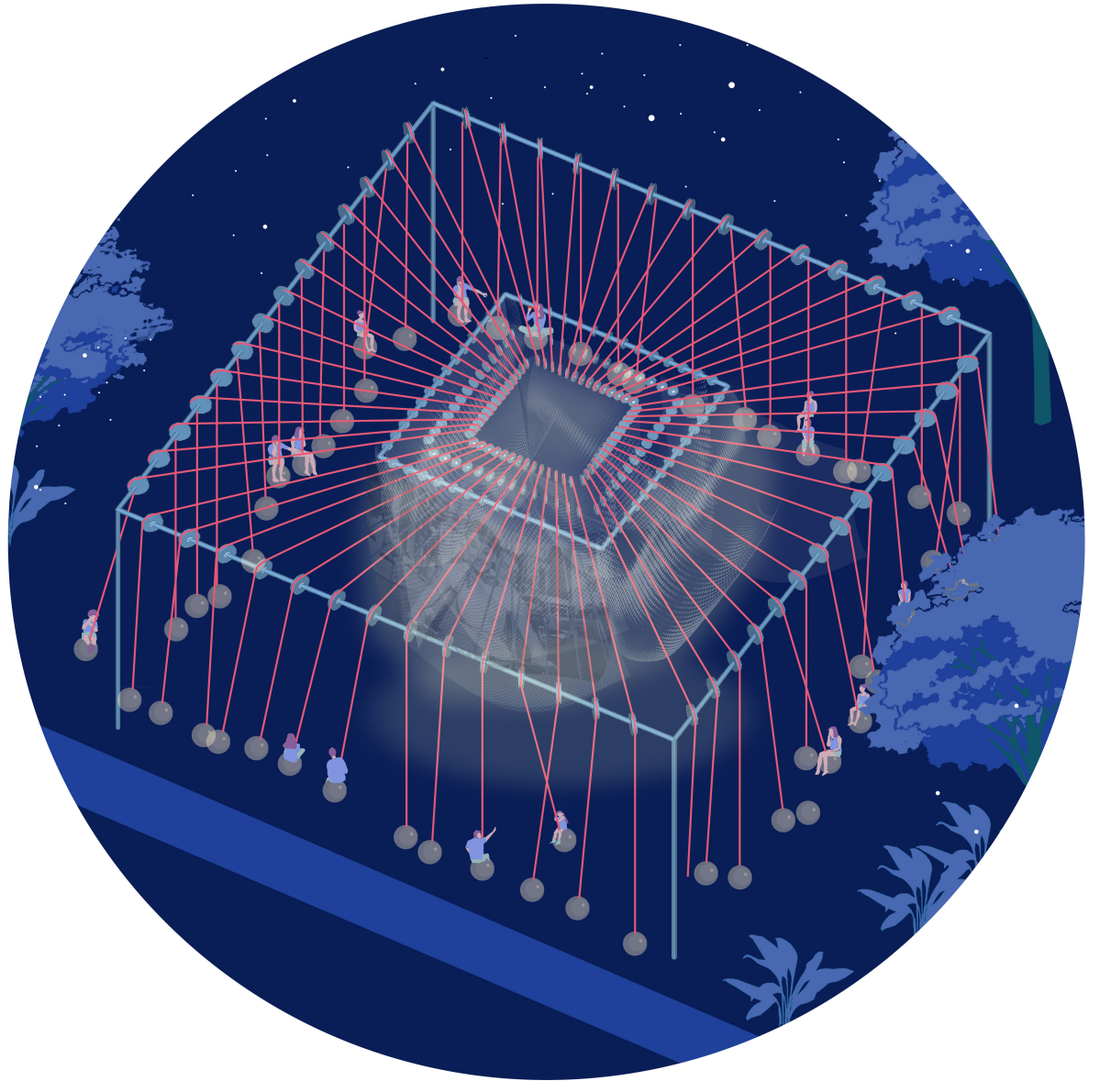 Interactive Night Pavilion – An architectural marvel combining swings and light installations for communal engagement.