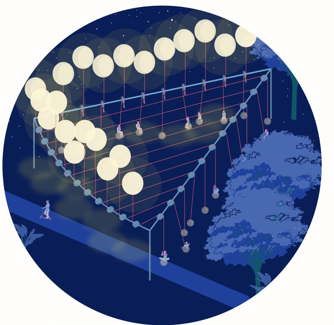 Illuminated Night Playground – A dynamic swing set glowing with suspended light spheres, bringing life to the park after sunset.