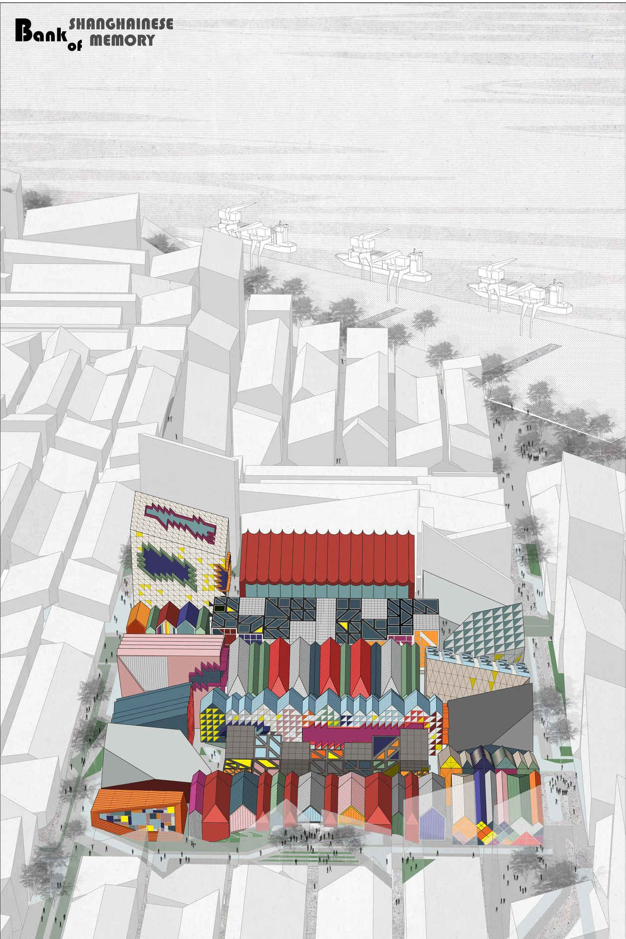 Aerial axonometric drawing showing a cluster of pavilions with patterned facades amid monochrome urban context