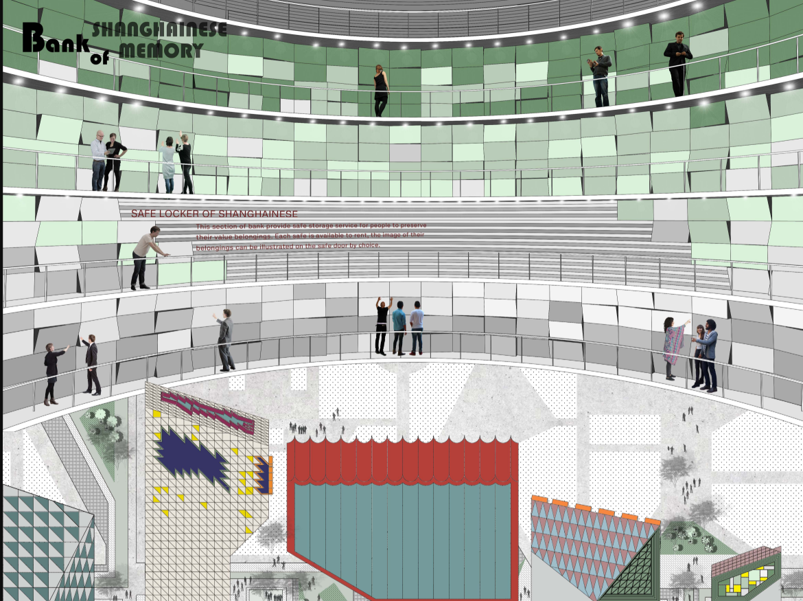 Section drawing showing a curved wall of green and white tiles with visitors on multiple levels