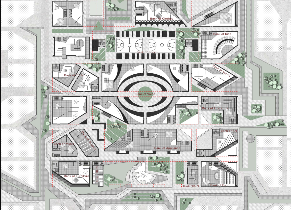 Site plan drawing showing a central circular courtyard surrounded by irregular pavilion footprints and planted courtyards