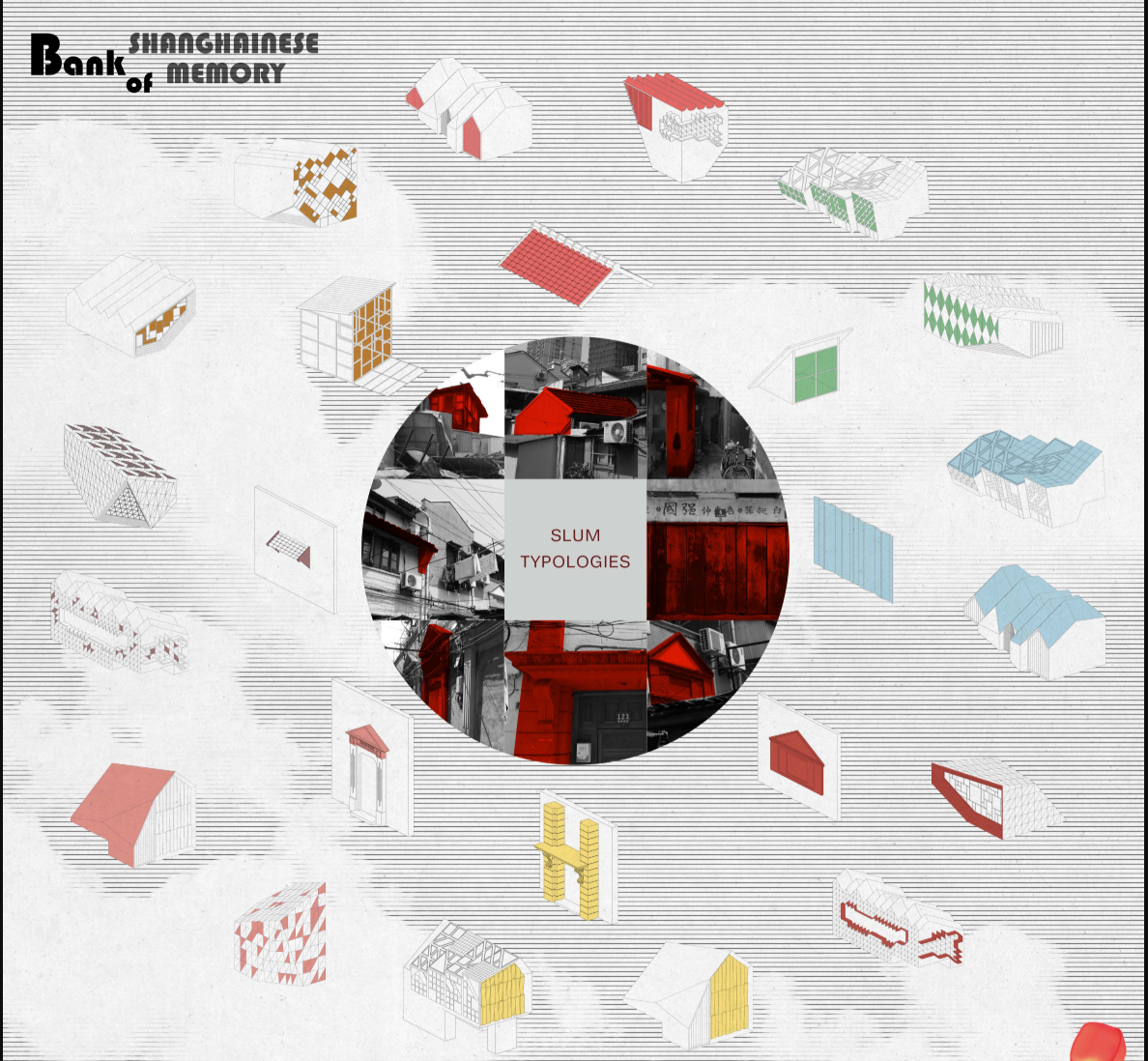 Diagram with central circular collage of housing typologies surrounded by scattered isometric roof and facade studies