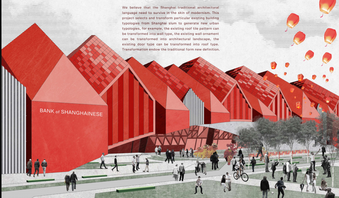 Street view rendering of a series of red gabled volumes with pedestrians and cyclists on a plaza
