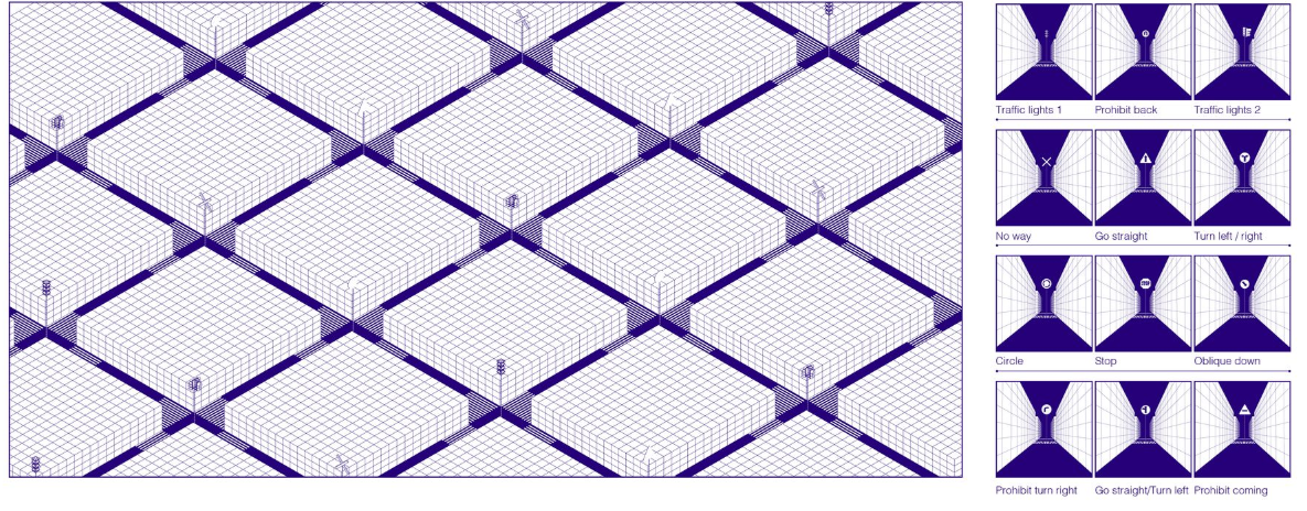 Concept Drawing – Grid-based architectural design defining movement patterns.