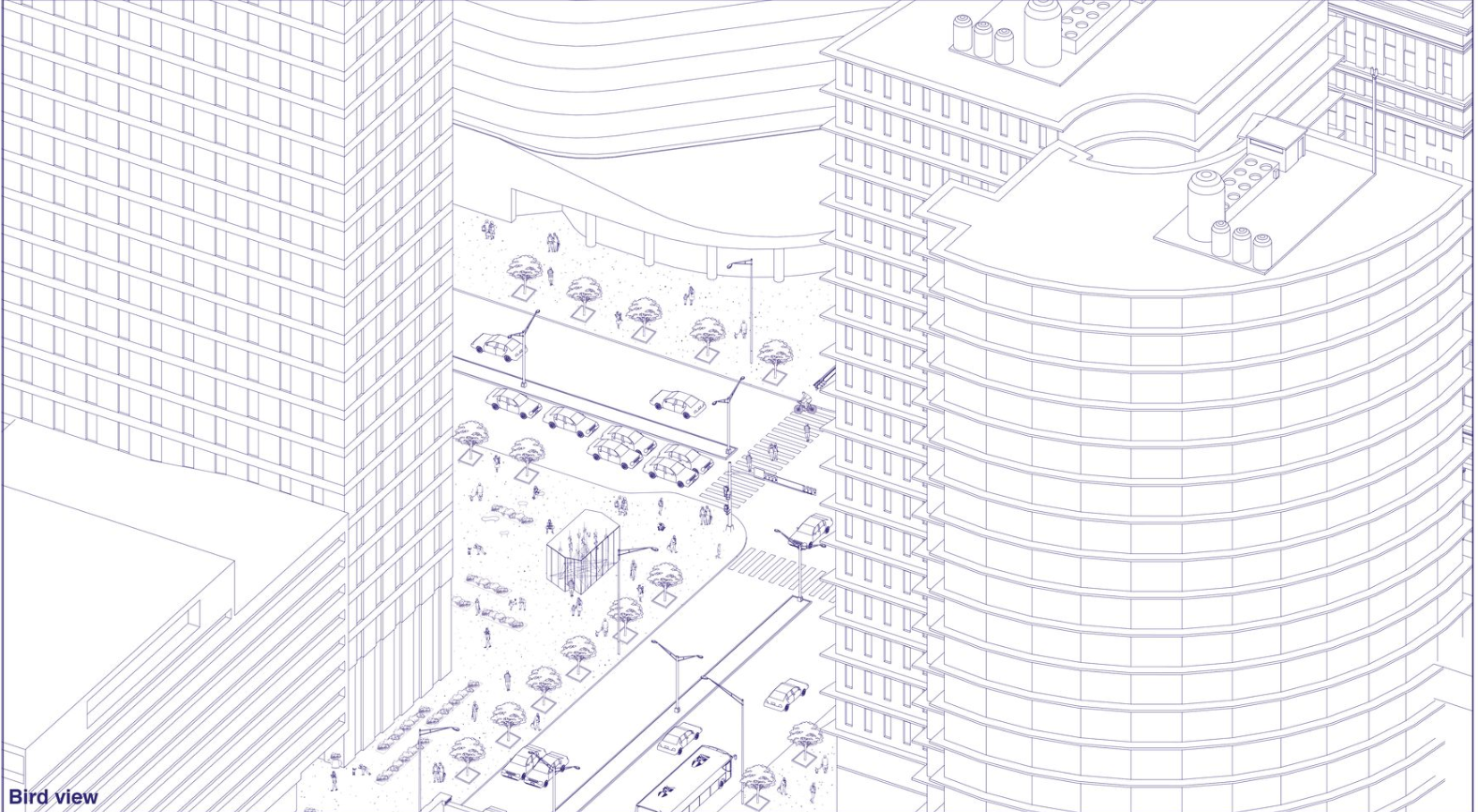 Bird View – Aerial perspective of the installation within the urban fabric.