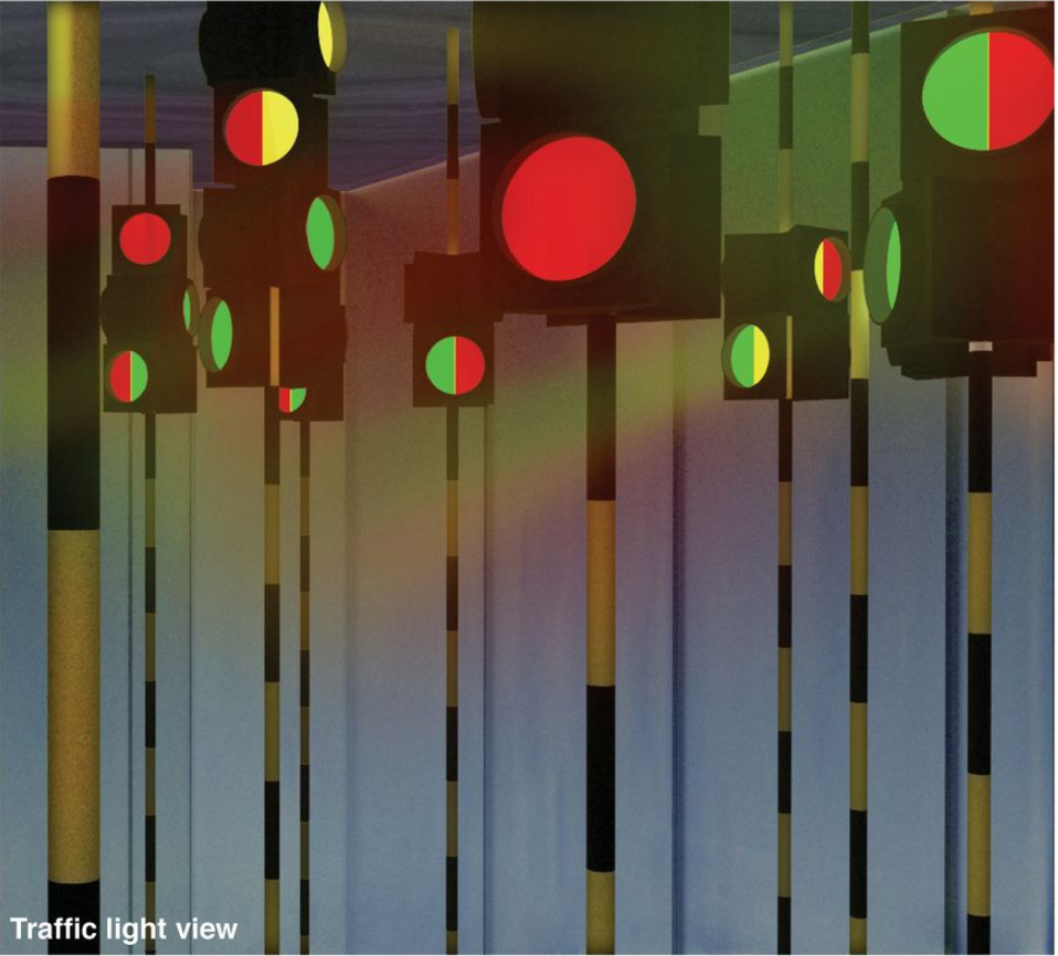 Traffic Light View – A surreal interplay of signals guiding spatial perception.