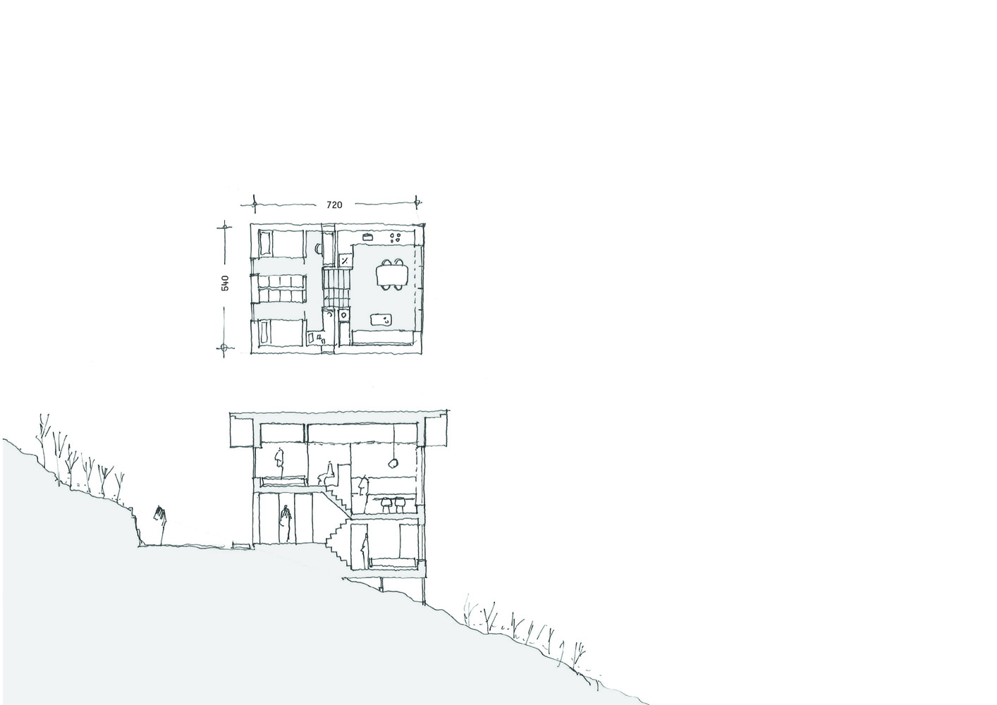 Floor plan and section drawing showing a two-story timber structure embedded into a sloping hillside with vegetation