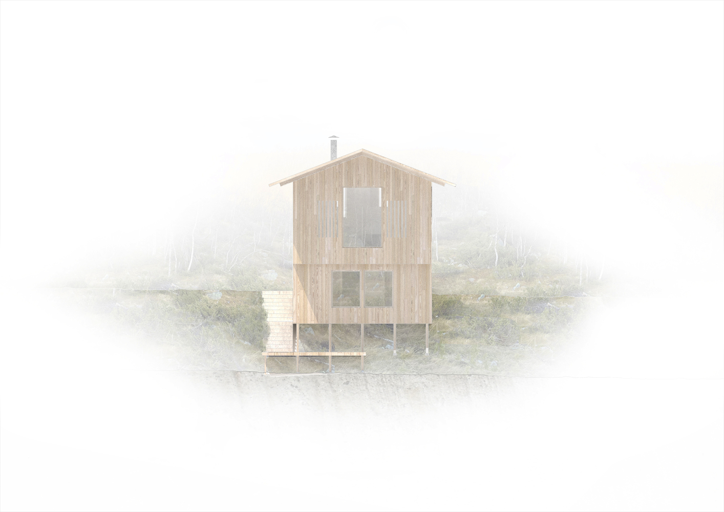 Frontal view of the vertical timber-clad volume with stacked windows emerging from heavy fog
