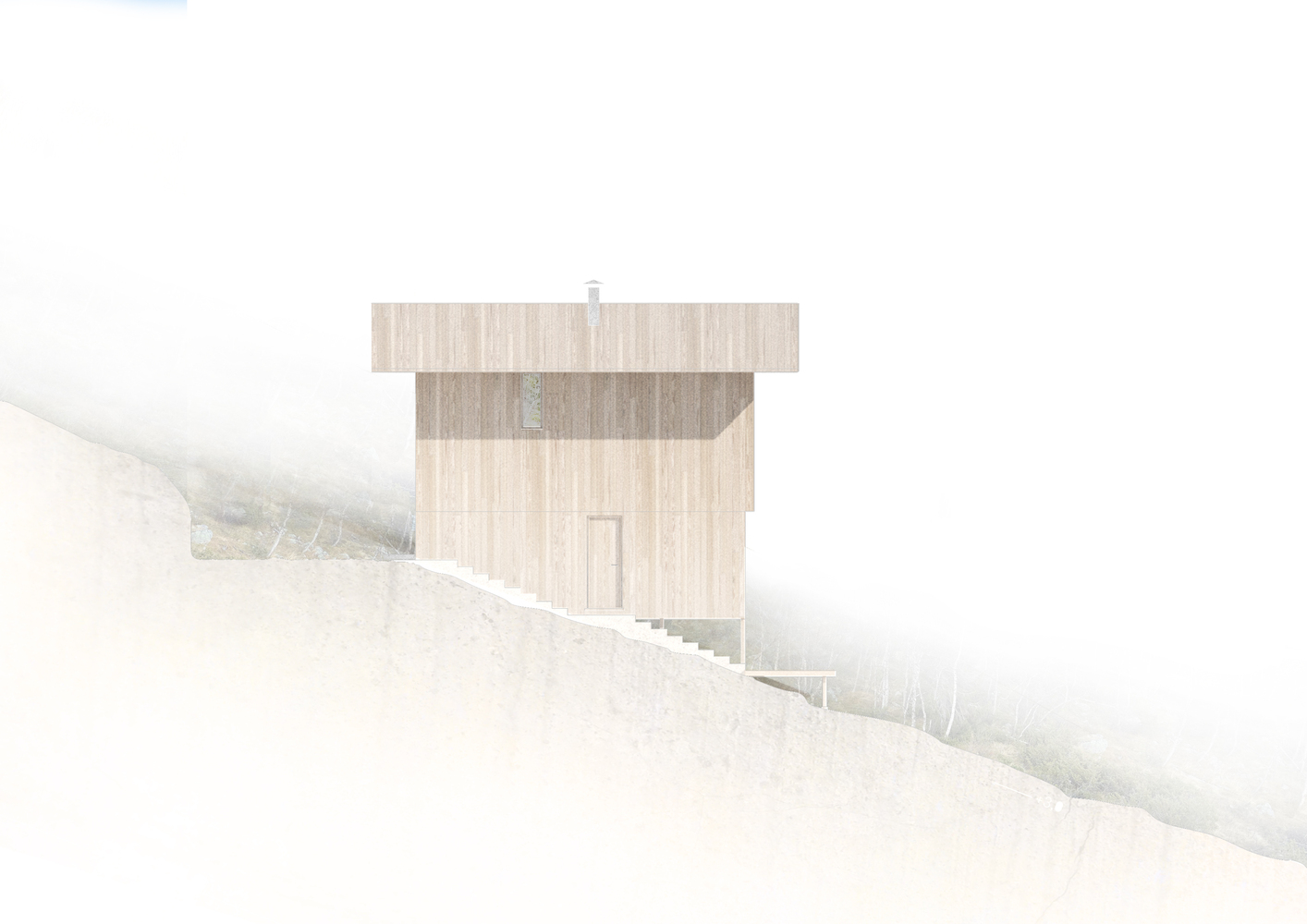 Rear facade of the stacked timber structure anchored into a snow-covered slope in dense mist