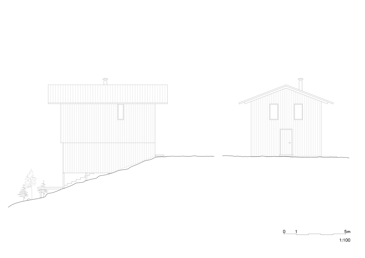 Elevation drawing showing two adjacent timber volumes with chimney stacks on sloping ground