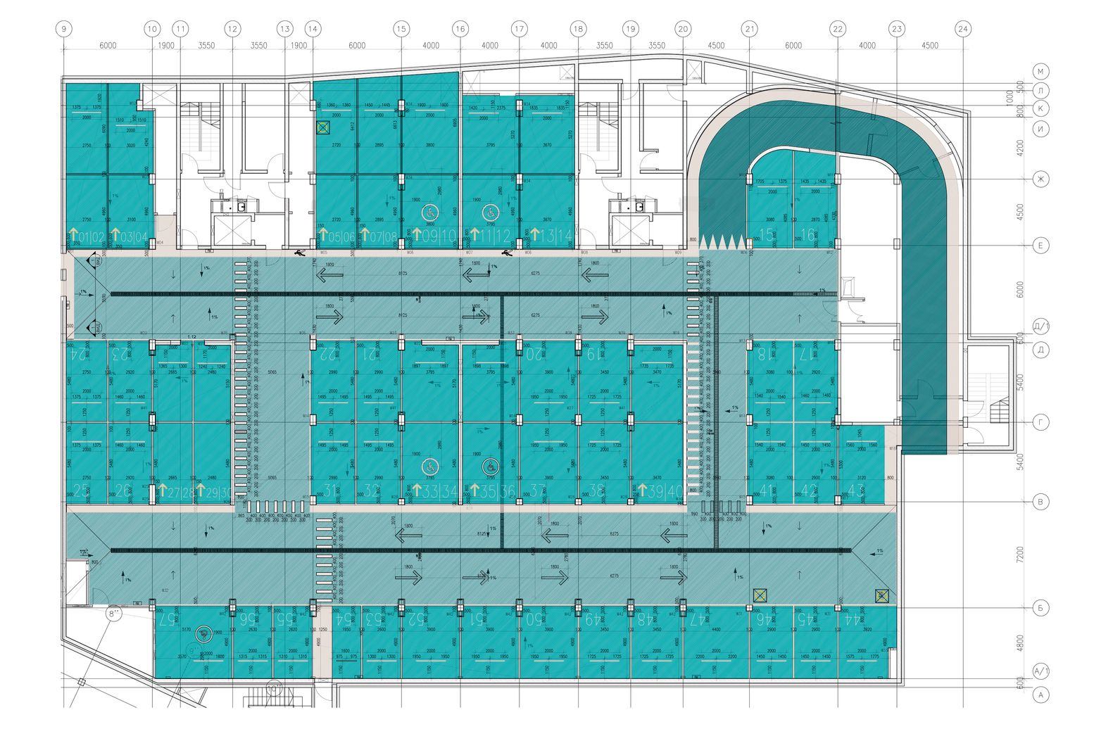 Architectural blueprint of Reef Residence Sochi's underground parking: A meticulously designed layout optimizing space, flow, and efficiency.
