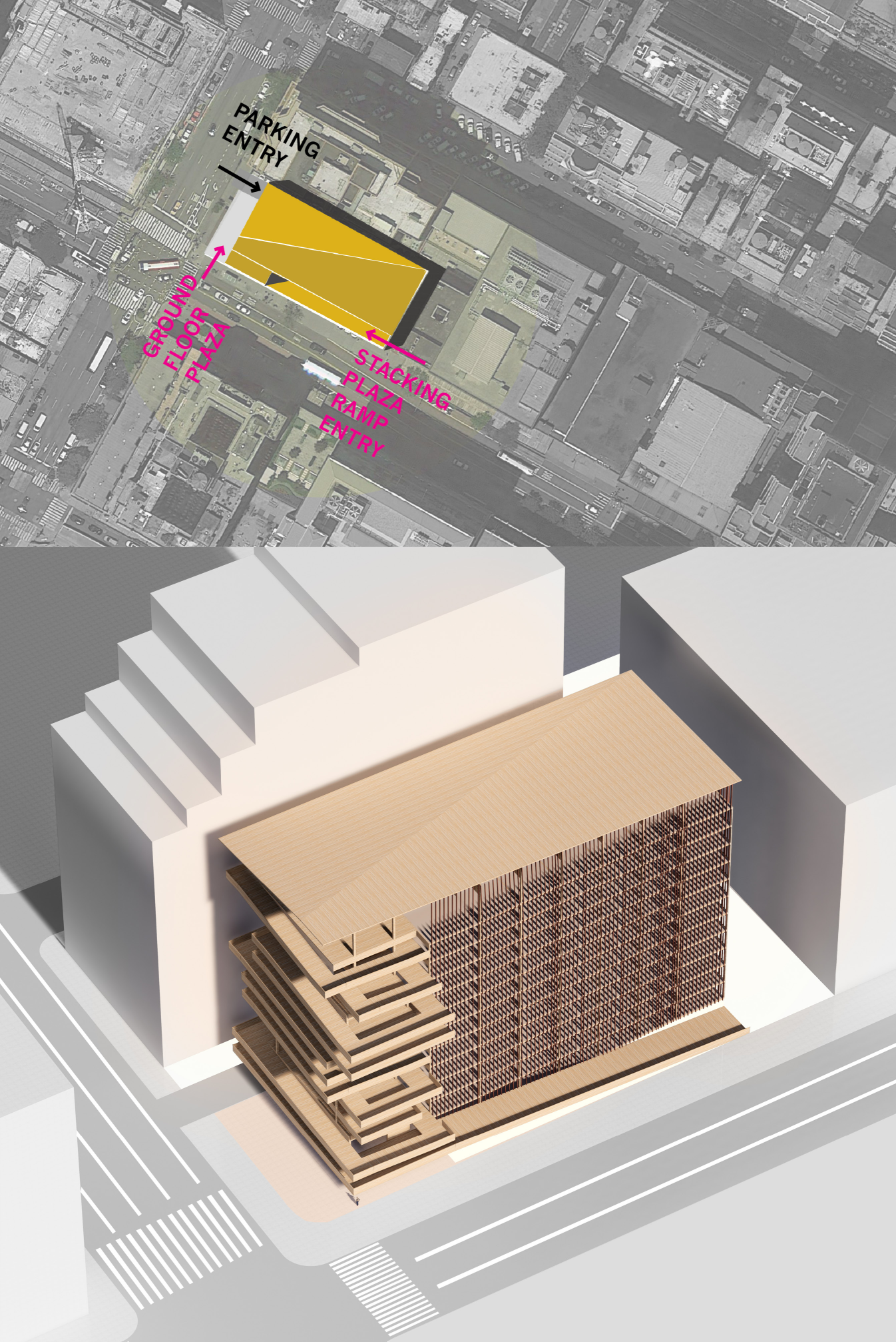 An aerial view illustrating site integration, vehicular access, and the seamless connection of stacked plazas.