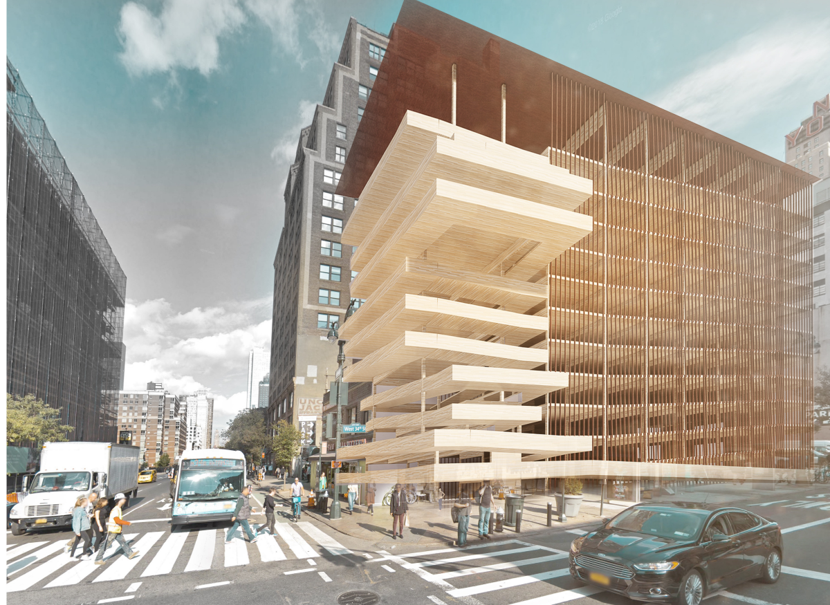 A conceptual rendering showcasing the harmonious fusion of sustainable timber with high-density city infrastructure.
