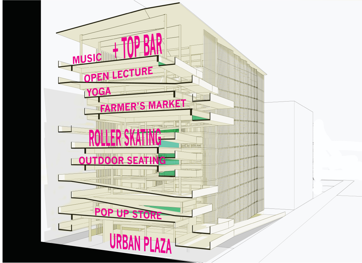 A visualization of various programmed spaces within the mass timber structure, fostering community engagement and flexible public use.