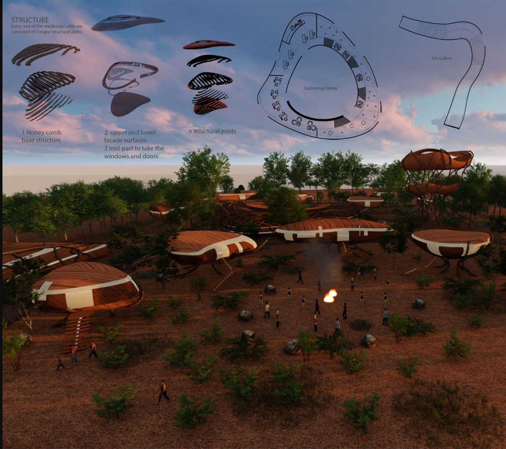 Structural Composition - The organic forms and modular design highlight the project's sustainable architectural approach.