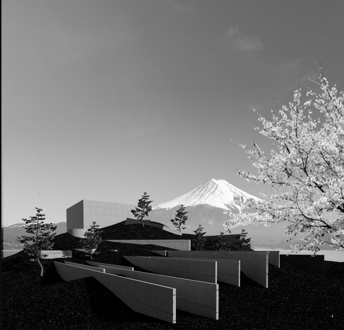 Horizontal timber-clad volumes terraced into the hillside with cherry blossoms and a snow-capped mountain beyond