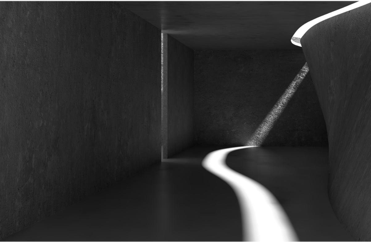 Narrow corridor with textured dark walls and a curving strip of light along the floor