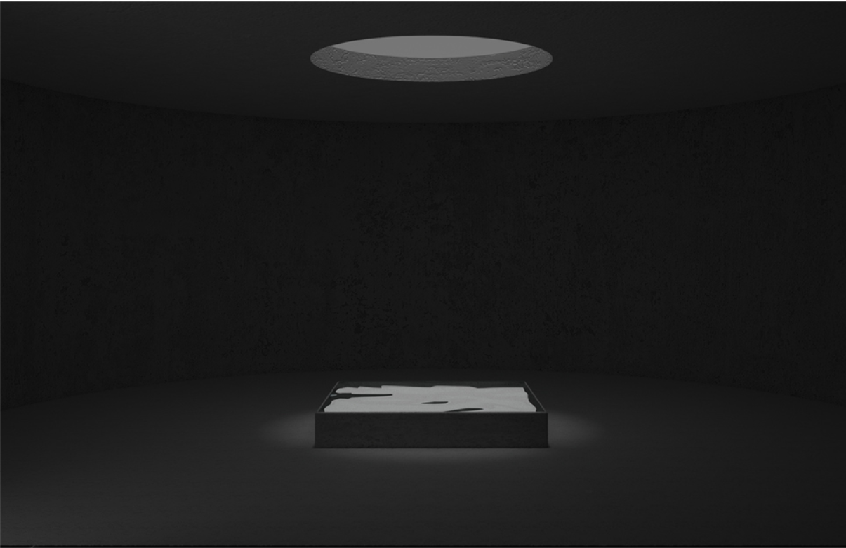 Rectangular platform beneath a circular skylight in a dark chamber