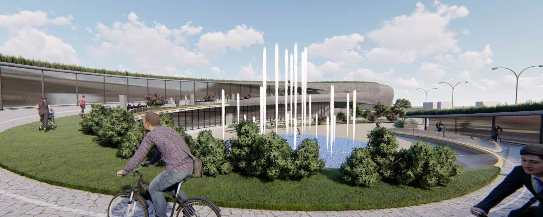 Vibrant Public Space – A dynamic green plaza with a water feature fosters community engagement and leisure.