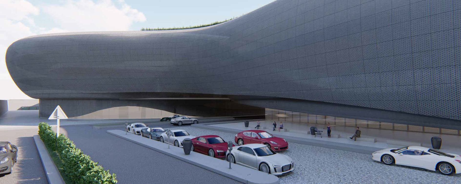 Sleek Urban Integration – A futuristic façade blending modern aesthetics with functional design for a sustainable cityscape.