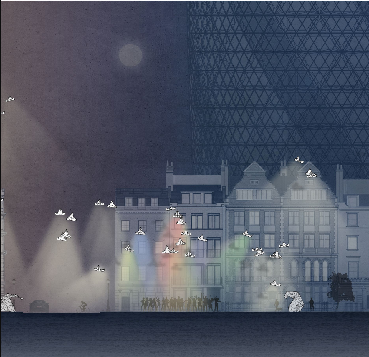 Illuminated Cityscape Interaction – Parametric architecture engaging with urban environments through light and movement.
