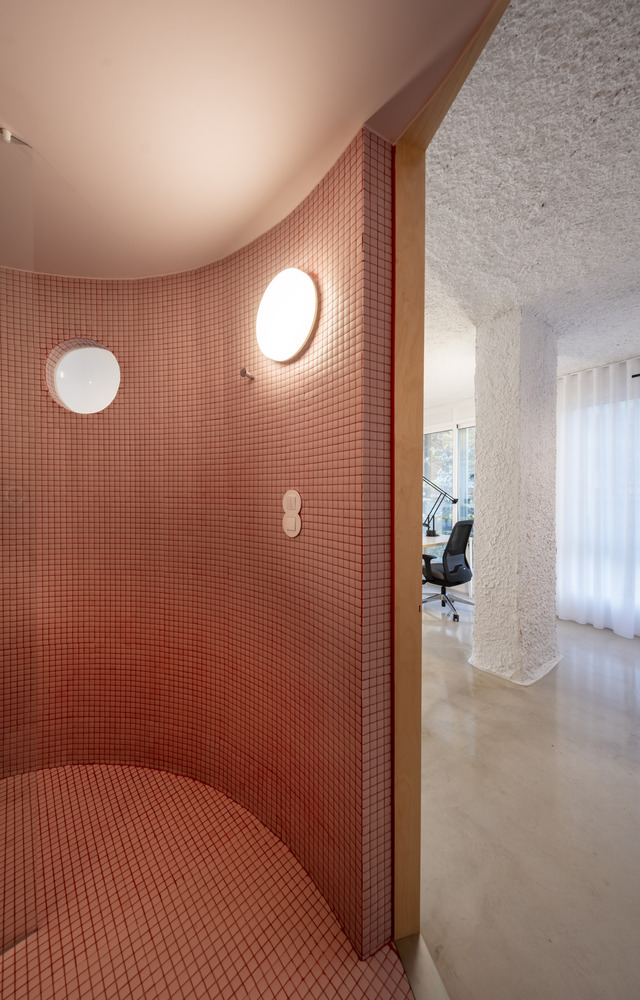 Curved terracotta mosaic tile wall with circular porthole windows and timber trim in a daylit interior